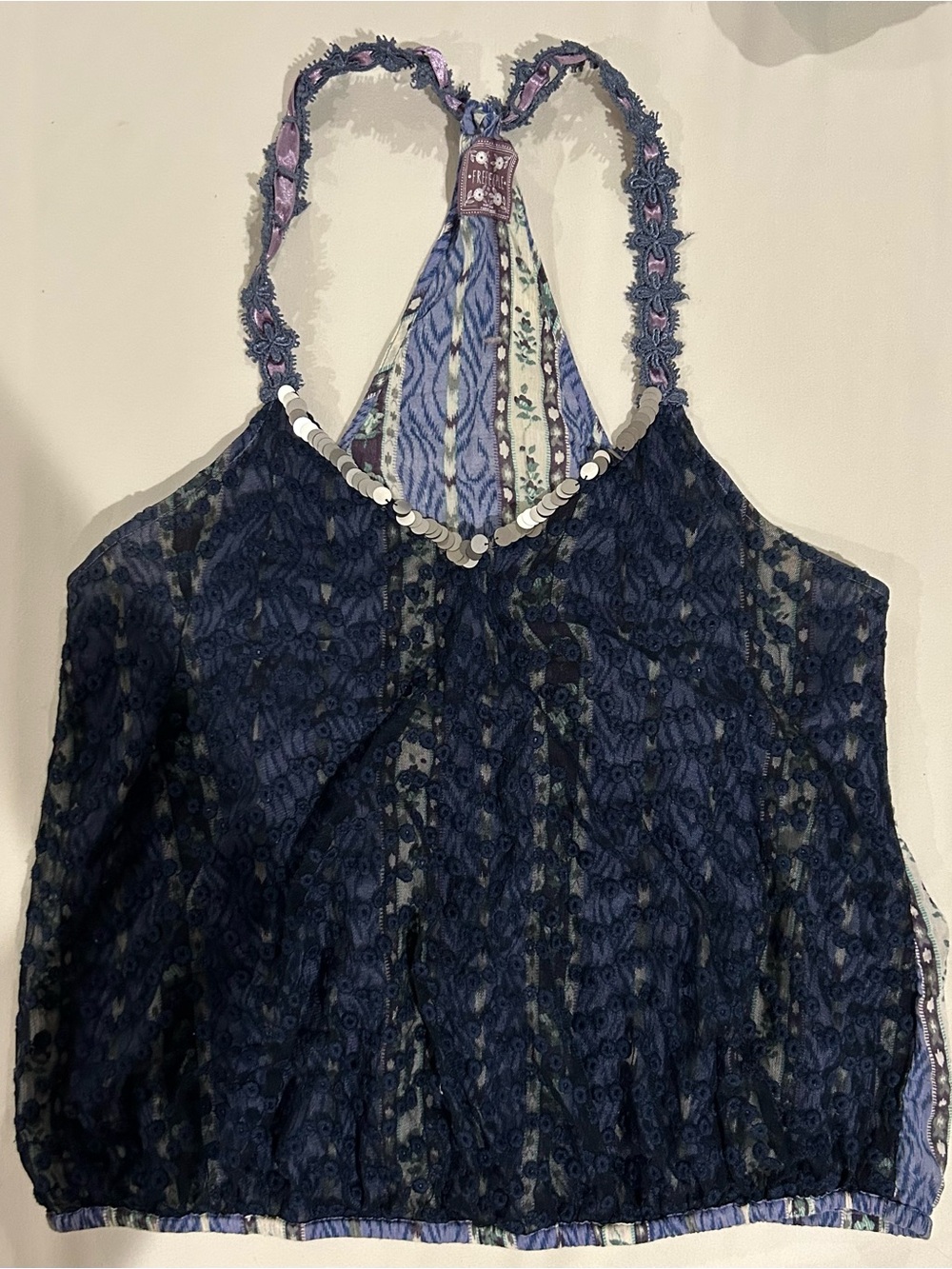 We The Free Navy Blue Lace Racerback Tank with Patterned Straps and back